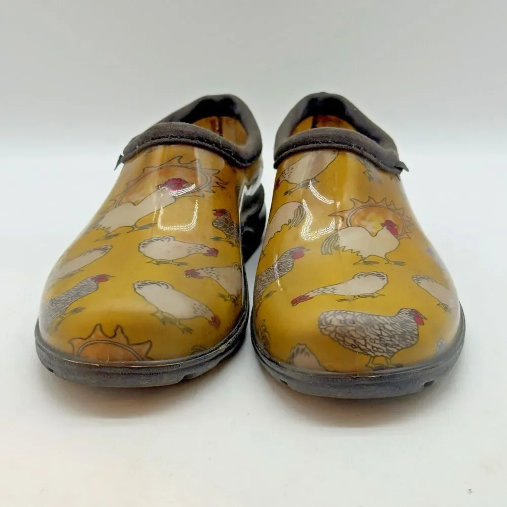 Sloggers Rain & Garden Shoes Women's 7 Waterproof Slip On Yellow Chicken Print